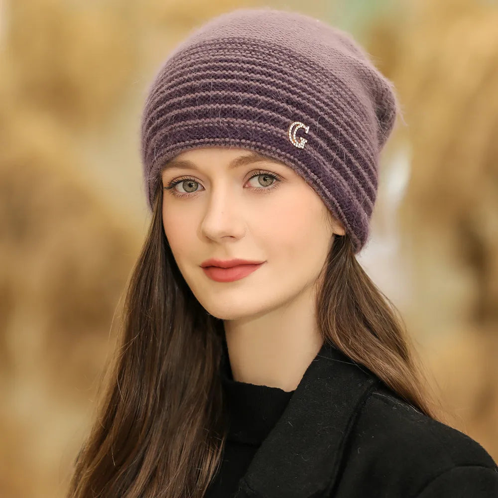 New Women Winter Hat Rabbit Fur Blend Warm Beanie Hat For Female Casual Streetwear G Letter Knitted Hat