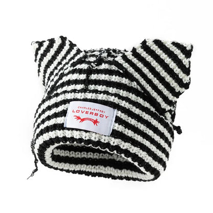 Stripe Knit Beanie Hats Cute Bunny Ears Grunge Cap Fluffy Winter Warm Knit Crochet Outdoor Slouchy Beanie Fashion Brand