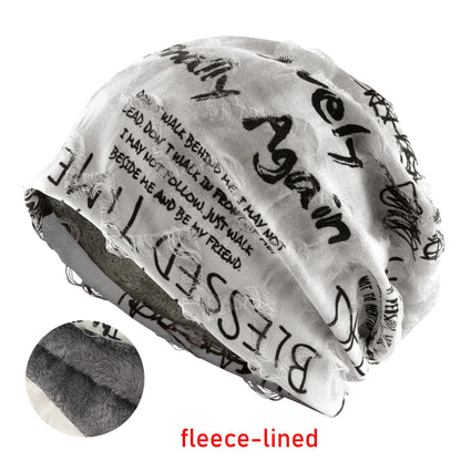 Letter Print Beanie Hat For Women Men Vintage Distressed Cracked Design Wasteland Style Warm Fleece-lined Skullis Beanie Winter