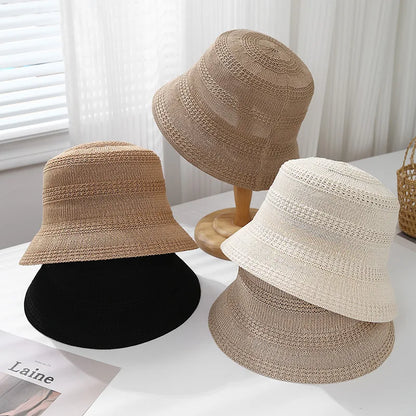 Spring Summer Hat Women Hollow Breathable Knitted Bucket Hat Casual Sunshade Sunhat Solid Simple 2025 New Bob Cap Female