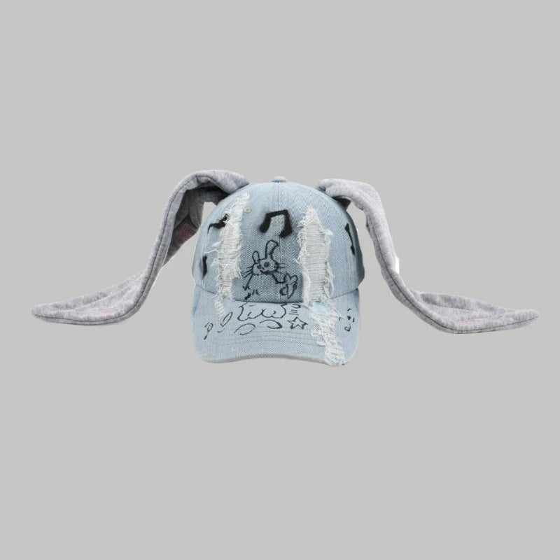Dark Punk Rabbit Ears Peaked Hat Denim Hole Baseball Cap Women's Trendy Chain Hip-Hop Personalized Abby Style