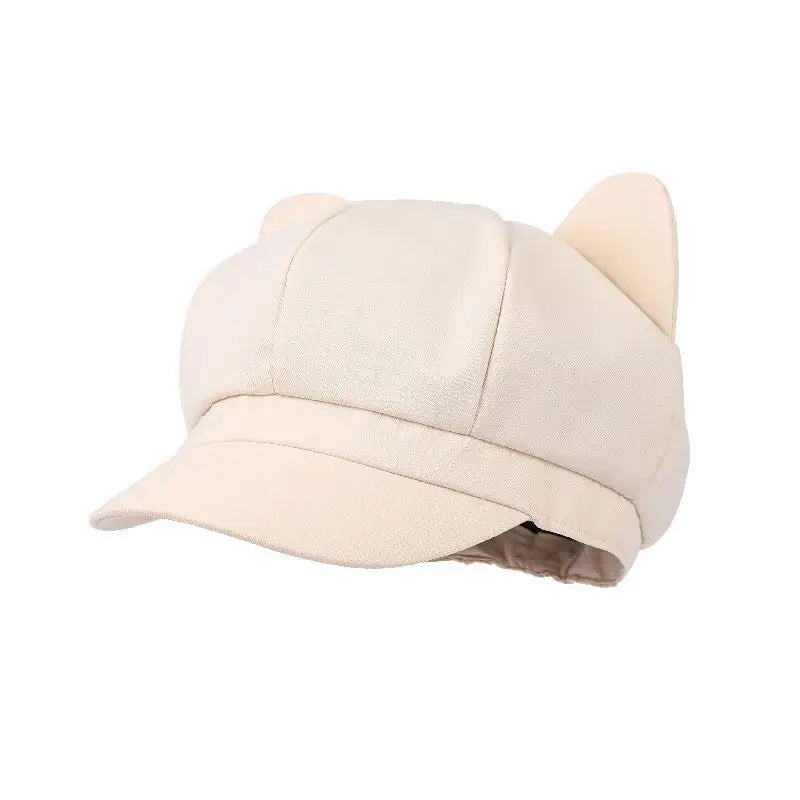 Beret Women Cute Cat Ear Sweet Octagonal Hats For Women Newsboy Cap Painter Hat Korean Style Solid Color Black