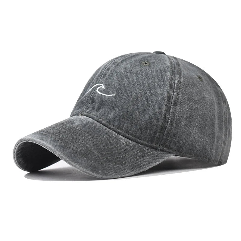 Unisex Washed Cotton Baseball Cap – Wave Embroidery Vintage Dad Hat Snapback