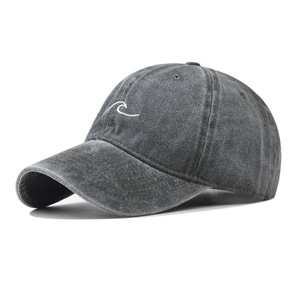 Unisex Washed Cotton Baseball Cap – Wave Embroidery Vintage Dad Hat Snapback