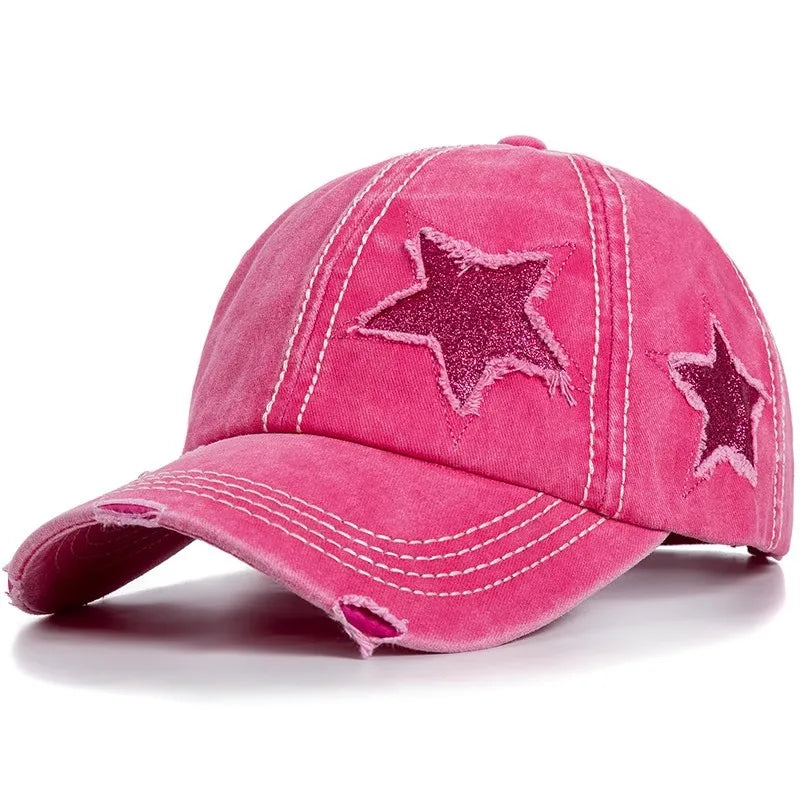 Adjustable Women's Baseball Cap with Ponytail Hole, Distressed Trucker Hat  Embroidered Baseball Cap