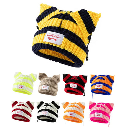Autumn Winter Cute Ear Beanies Skullies Cap Fashion Women Men Warm Outdoor Unisex Knitted Hat Loverboy Y2K Personality Cold Hats