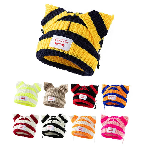 Autumn Winter Cute Ear Beanies Skullies Cap Fashion Women Men Warm Outdoor Unisex Knitted Hat Loverboy Y2K Personality Cold Hats