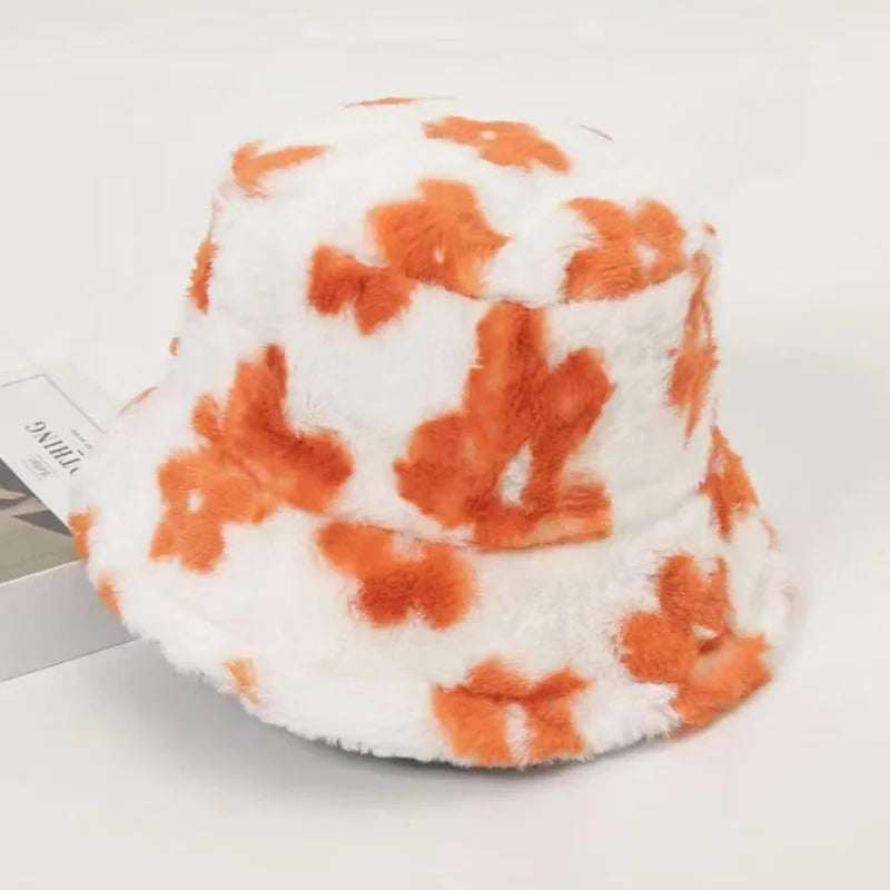 Fluffy Fur Women Bucket Hat Solid Flat Top, Outdoor Thick Warm Sun Hat for Men and Women