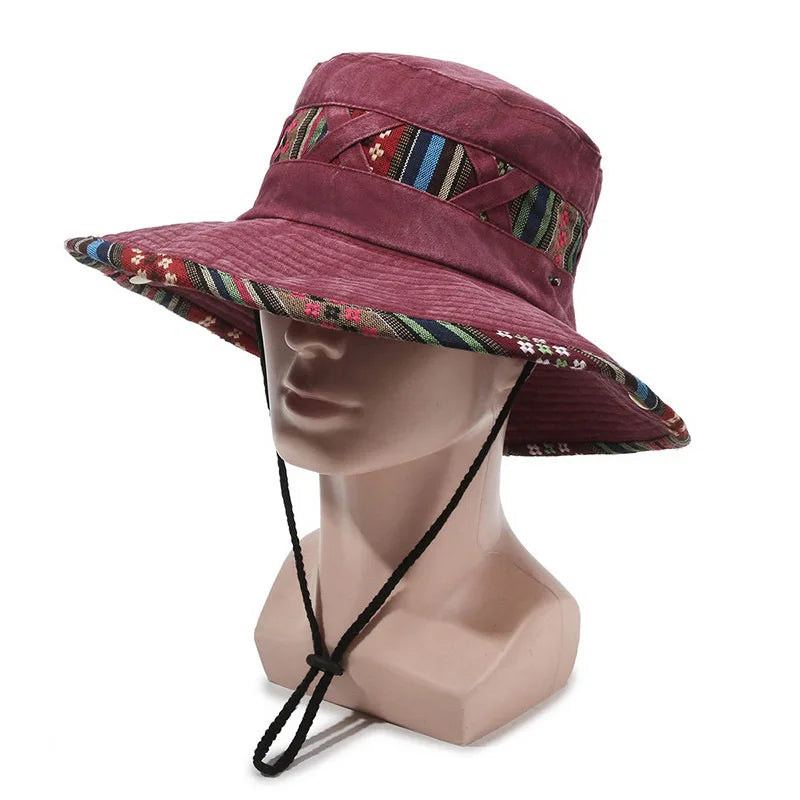 Personalized Ethnic Wind Bucket Hat Spring and Summer Outdoor Fashion Sun Hat Retro Wind Wash Old Street Wind Big Edge Hat