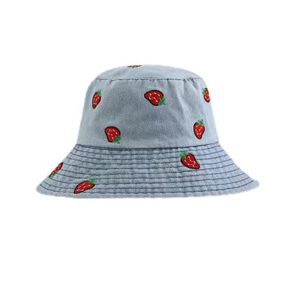 Spring Summer Strawberry Embroidery Denim  Bucket Hat Legent Fisherman Hats for Women Foldable Sport Sun Beach  Caps