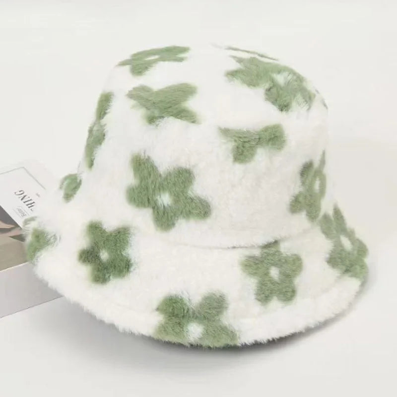 Fluffy Fur Women Bucket Hat Solid Flat Top, Outdoor Thick Warm Sun Hat for Men and Women
