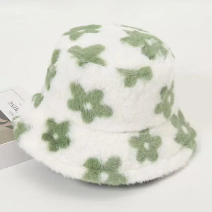 Fluffy Fur Women Bucket Hat Solid Flat Top, Outdoor Thick Warm Sun Hat for Men and Women