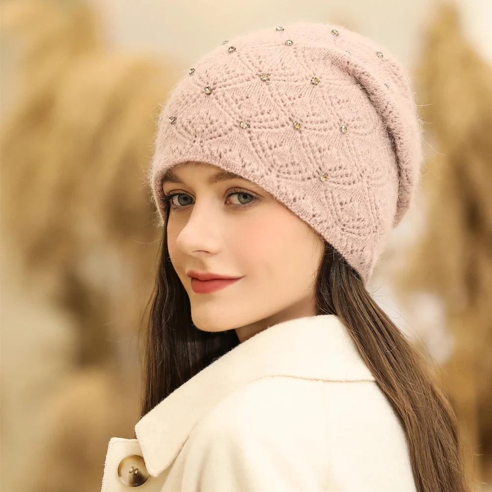 New Women Winter Hat Streetwear Rabbit Fur Blend Warm Cap Fashion Decorate Beanie Hat For Female Casual Knitted Hat