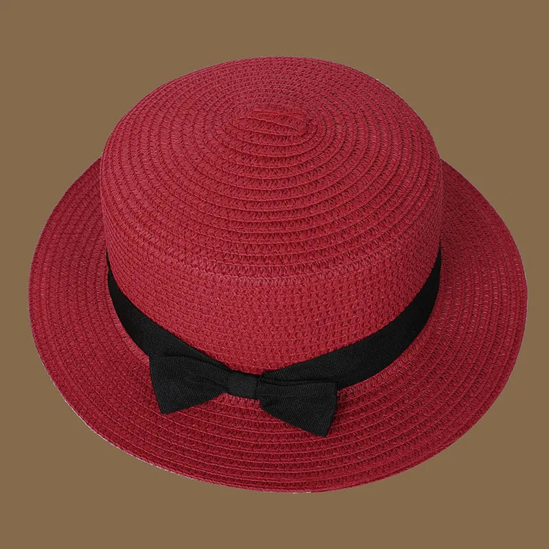 Spring and Summer New Straw Knitted Bow Straw Hat Korean  Fashion and Leisure Foldable Beach Flat Top Short Eaf Straw Hat