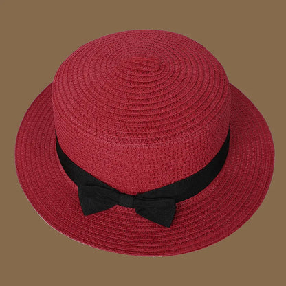 Spring and Summer New Straw Knitted Bow Straw Hat Korean  Fashion and Leisure Foldable Beach Flat Top Short Eaf Straw Hat