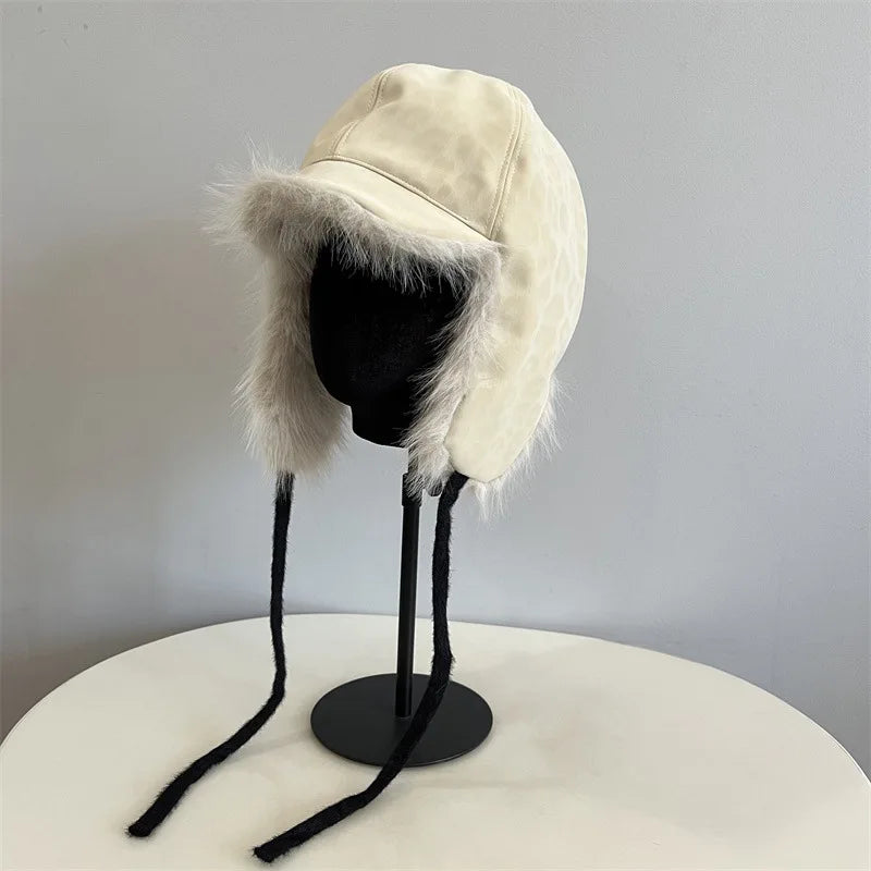 Unisex Leopard Print Winter Bomber Hat – Faux Mink Fur Ski Cap with Ear Protection