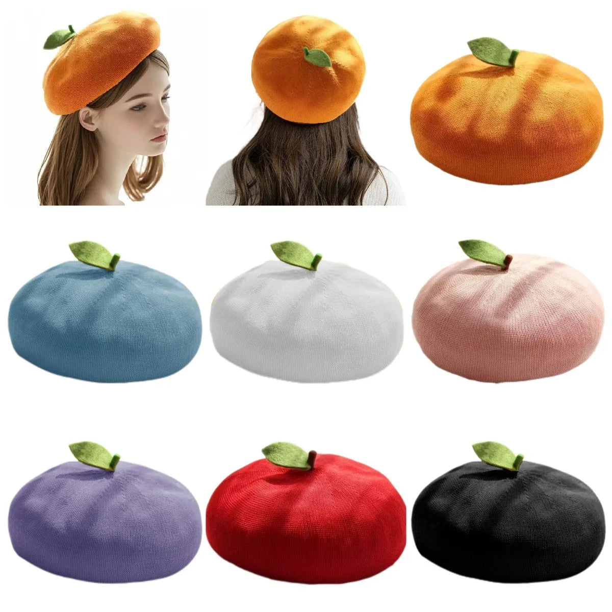 Spring Summer Hollow Out Bright Color Cute Leaf Beret For Women Girl Handmade Fashion Fruit Orange Breathable Party Berets Gift