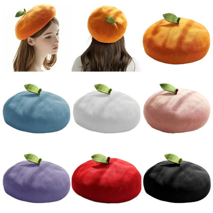 Spring Summer Hollow Out Bright Color Cute Leaf Beret For Women Girl Handmade Fashion Fruit Orange Breathable Party Berets Gift