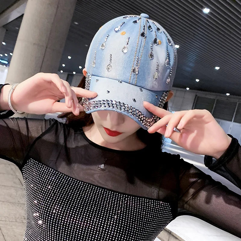 Denim Baseball Cap Women Rhinestone Droplets Cowboy Snapback Spring Summer Sunshade Sun Hat Lady Korean Casual Cap Blue
