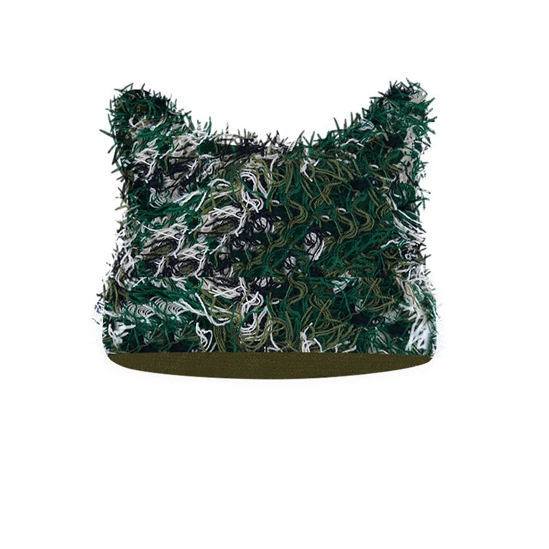 Hip Hop Distressed Knitted Caps Unisex Winter Y2k Cat Ears Little devil Beanies Outdoor Fuzzy Thick Warm Balaclava Hat
