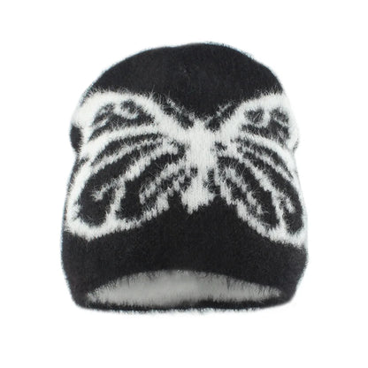 2024 Autumn and Winter New Mink Hair Knitted Hat Female Butterfly Jacquard Thickened Warm Plush Pullover Hat Versatile