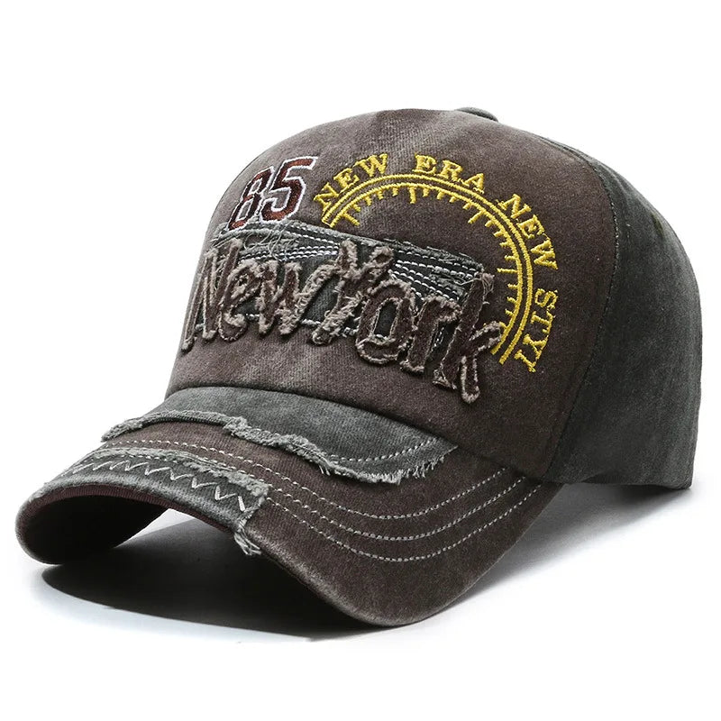 New York Embroidered Washed Distressed Baseball Cap, Polyester, Adjustable Snap Closure, Breathable, Inelastic