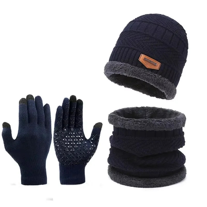 3pcs Winter Warm Set Velvet Knit Hat Scarf Gloves Unisex Outdoor Cold Weather Set