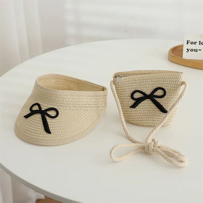 Summer Straw Hat And Shoulder Bag Set For Girls Baby Children Empty Top Sun Hat Large Brim Bowknot Outdoor Beach Visor Sun Cap