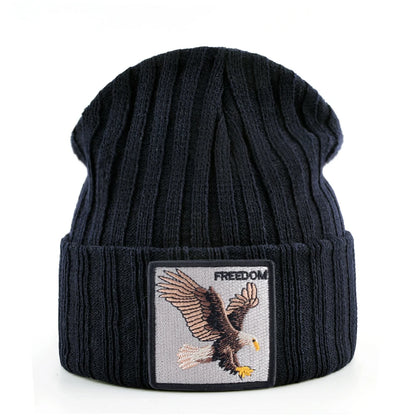 Unisex Black Beanie Hat With Animals Embroidery Patch Knitted Skull Cap For Men Women For Autumn Winter Streetwear Bonnet Hats