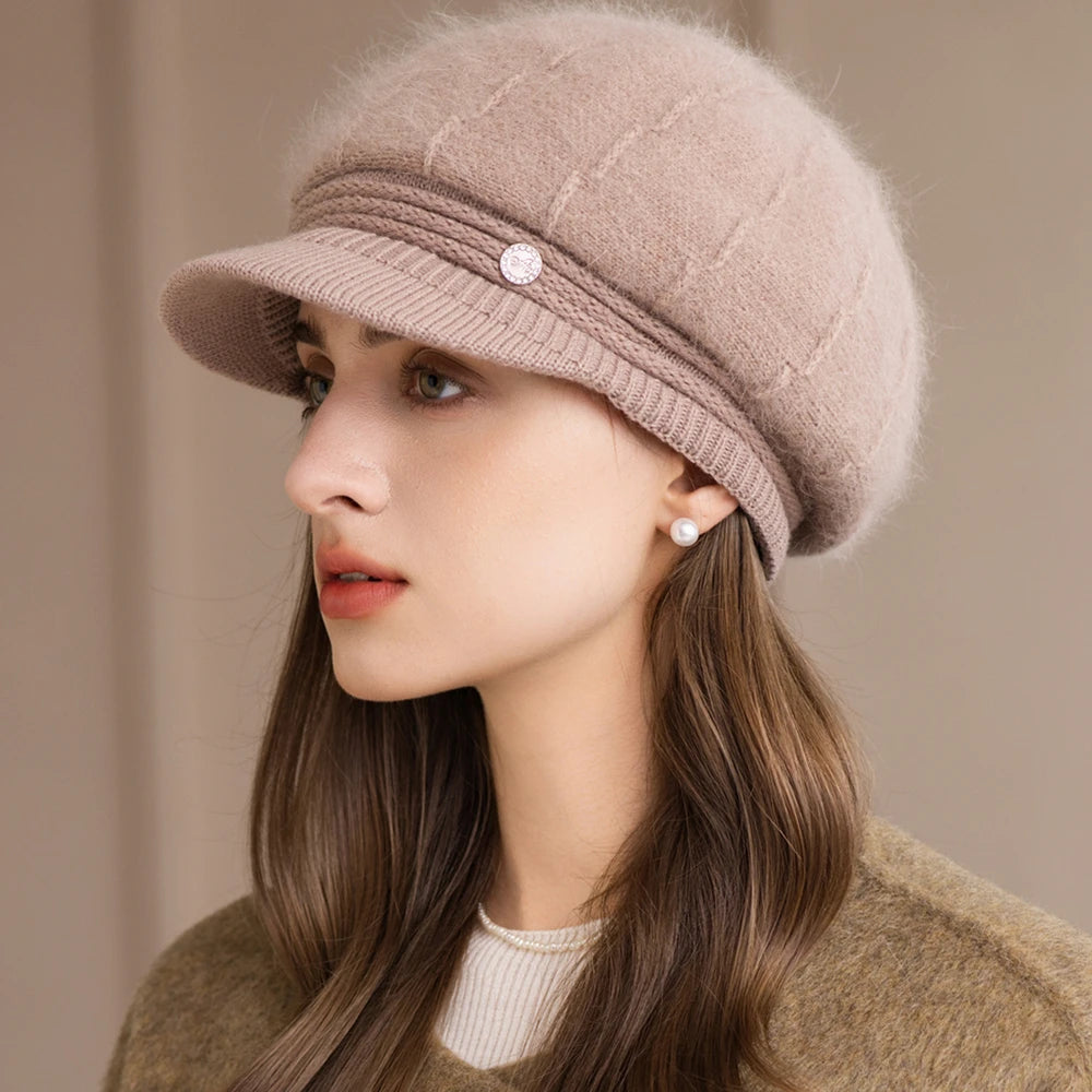 New Women Fashion Winter Hat With Brim Plush Fur Lined Chic Hats For Women Casual Rabbit Fur Blend Streetwear Knitted Cap