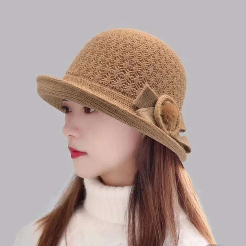 Woolen Bucket Hat Women's Autumn and Winter Bow Korean Version Versatile Japanese Dome Basin Hat British Retro Top Hat Tide