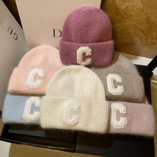 Unisex Fashion C Letter Desig Knitted Hat Winter Autumn Rabbit Fur Beanie Cap Brand Female Thicken Warm Skullies Caps bicycle