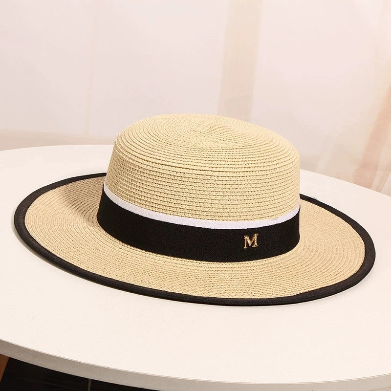Women's Summer Travel Beach Jazz Hat Seaside Sunshade Sun Protection Straw Hat Flat Top British Hat Straw Woven