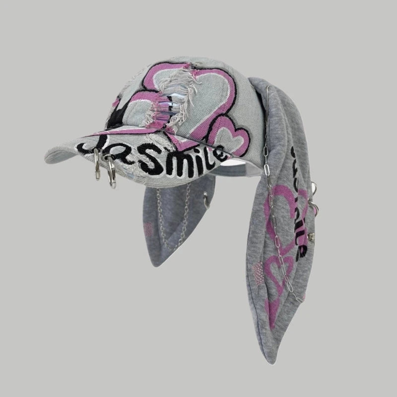 Dark Punk Rabbit Ears Peaked Hat Denim Hole Baseball Cap Women's Trendy Chain Hip-Hop Personalized Abby Style