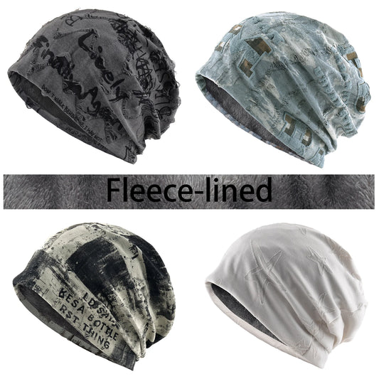 Winter Warm Fleece-lined Beanie Hat For Women Men Vintage Letter Print Distressed Cracked Design Beanie Outdoor Sport Casual Hat