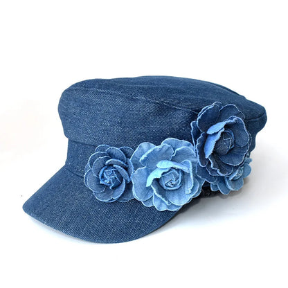 fashion denim beret three-dimensional flower flat top sun hat showing face small outdoor female captain military caps