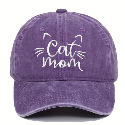 Ladies Embroidered Cat Mom Baseball Cap, Wash Cotton Adjustable Sunscreen Hat,Cartoon Theme, Birthday Gift, Outdoor Spire Caps
