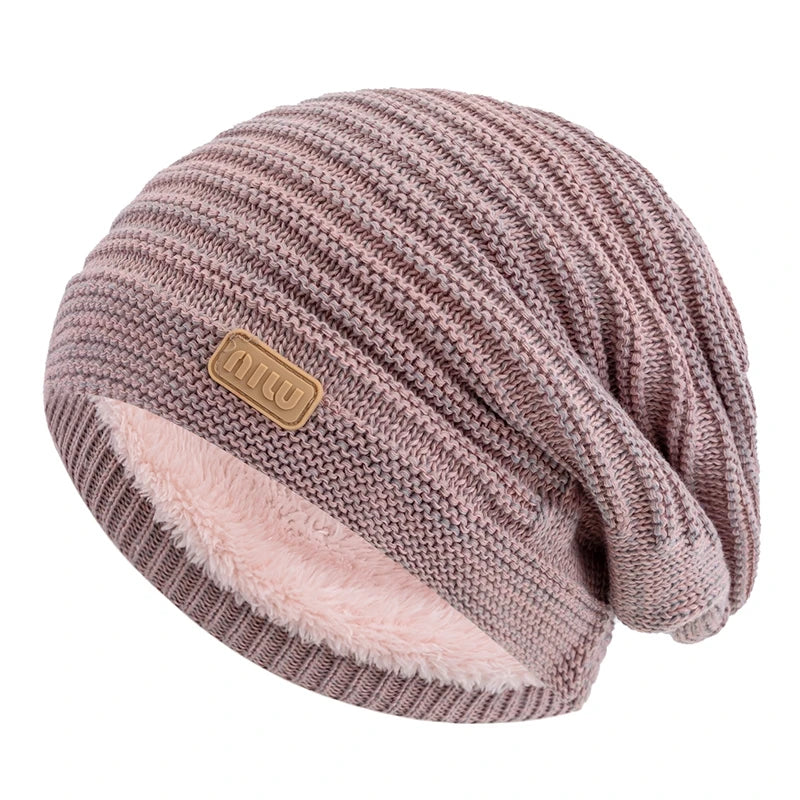 New Style Unisex Slouchy Winter Hats Men Women Striped Mix Warm Beanie Cap NIU Label Decor Plush Fur Lined Winter Knitted Hat