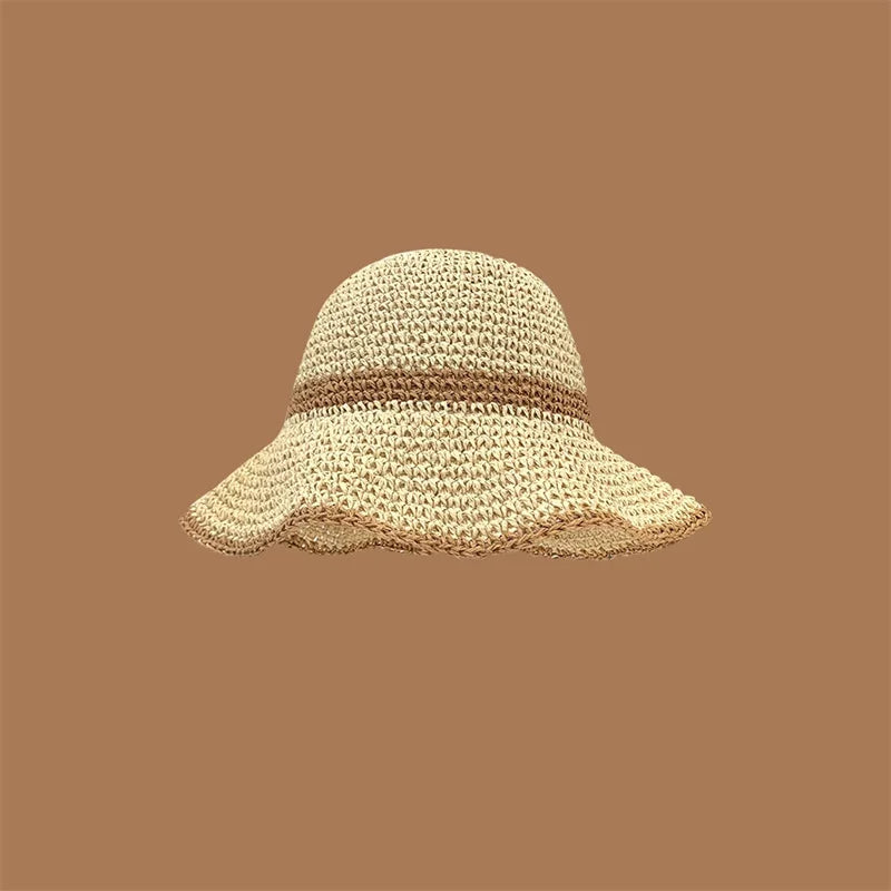Unisex Wavy Brim Straw Hat – Foldable Beach Bucket Panama Fisherman Sun Hat (Wide Brim)
