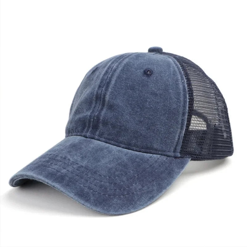 Unisex Washed Cotton Baseball Cap – Vintage Solid Color Adjustable Mesh Trucker Streetwear Summer Outdoor Hat