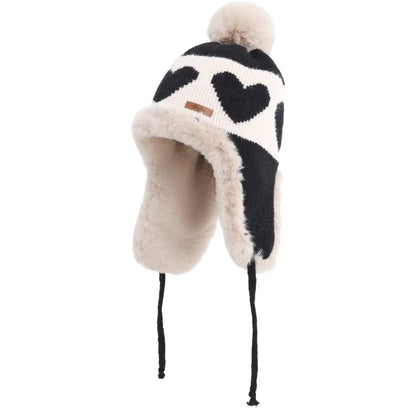 Hot Sale Women Cute Plush Winter Hat Love Print Pompoms Beanie Hats Lovely Ear Protection Cap For Girls