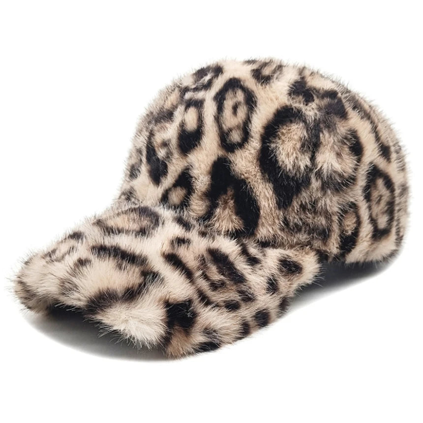 Chic Leopard Print Plush Baseball Cap for Women - Lightweight, Adjustable, Perfect for Fall/Winter