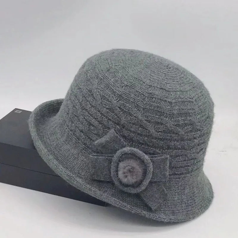 Woolen Bucket Hat Women's Autumn and Winter Bow Korean Version Versatile Japanese Dome Basin Hat British Retro Top Hat Tide