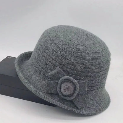 Woolen Bucket Hat Women's Autumn and Winter Bow Korean Version Versatile Japanese Dome Basin Hat British Retro Top Hat Tide