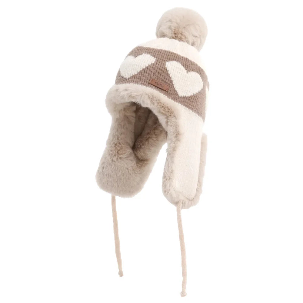 Hot Sale Women Cute Plush Winter Hat Love Print Pompoms Beanie Hats Lovely Ear Protection Cap For Girls