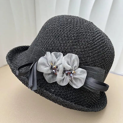 Hat for Women's New Summer Round Top Curled Edge Top Hat Sun Protection BreathabeMiddle-aged and Elderly Mothers Sun Hat Party