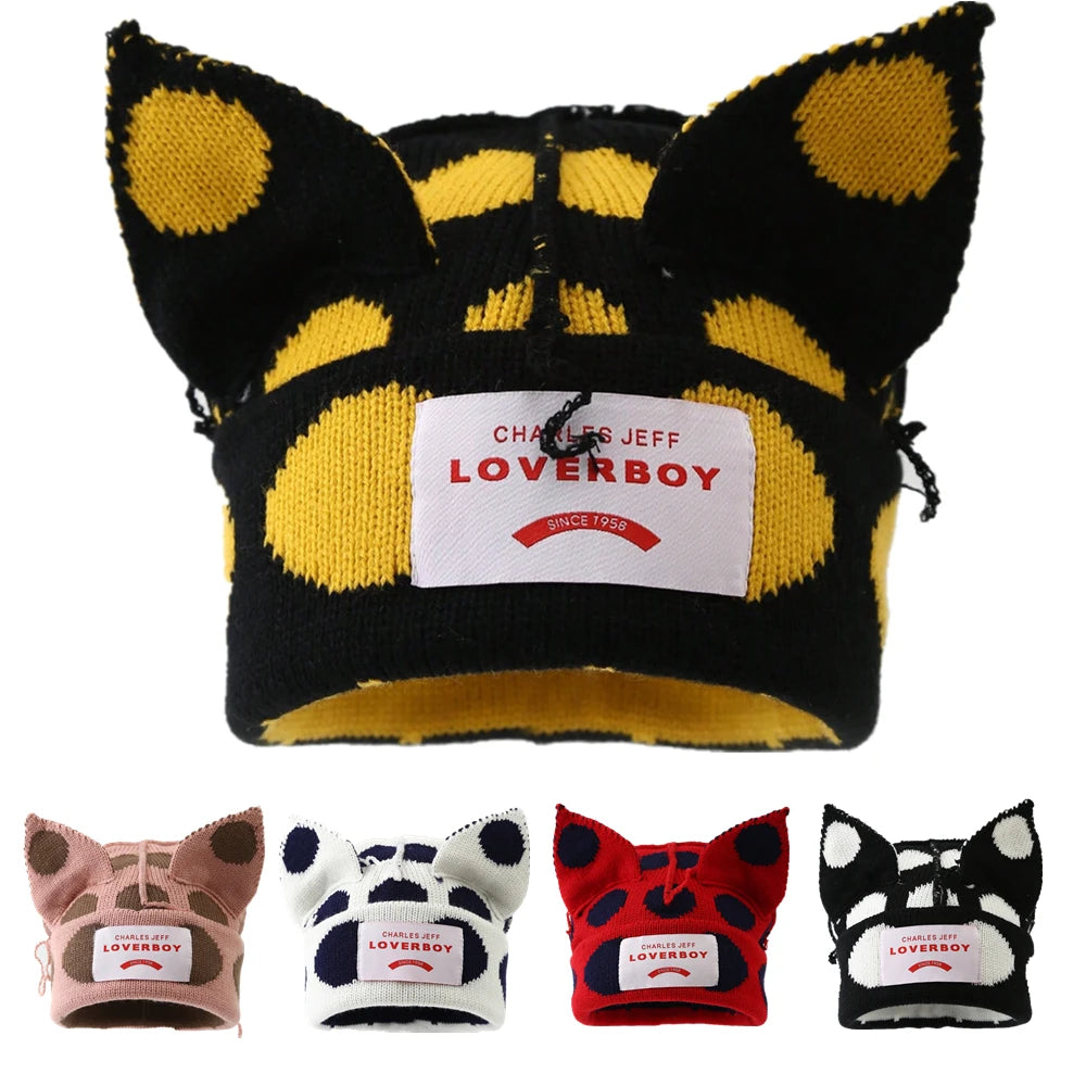 Hot Sale Y2K Style Winter Knitted Beanie Hat For Women Outdoor Cute Cat Ear Designer Warm Hat