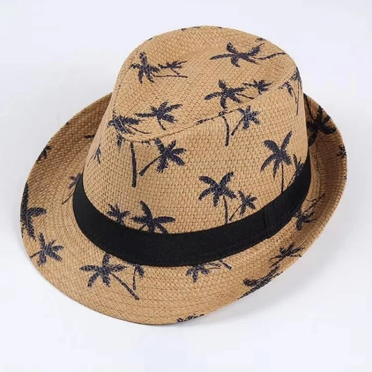 Sunshade Straw Hat Couple Breathable Mesh Beach Sun Hat Coconut Tree Pattern Men's and Women's Sunscreen Korean Jazz Gift Hat