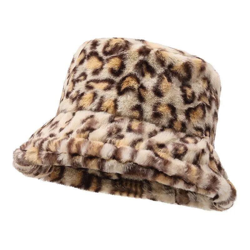 Women’s Leopard Print Plush Bucket Hat Warm Winter Fisherman Hat