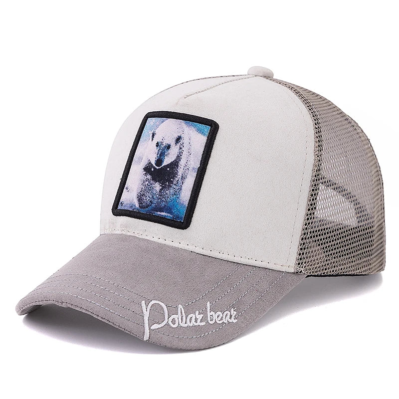 New Summer Animal Trucker Hat Polar Bear Pattern Patch Design Suede Baseball Cap Outdoor Sports Streetwear Cap For Men Women ﻿